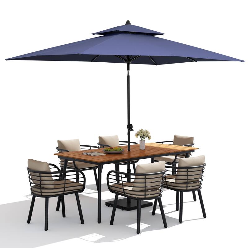 9PC Outdoor Patio Dining Set Aluminum Table with Sunbrella Cushion Chairs w/ Premium Market Umbrella Sets