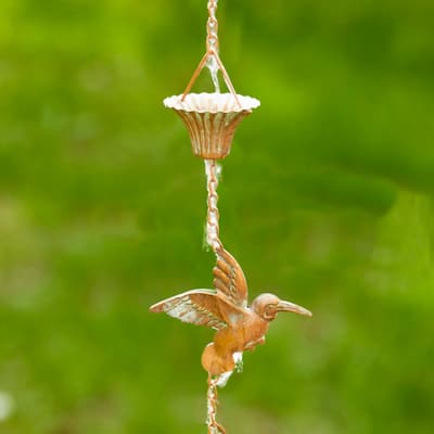 Glitzhome 8.5ft 15-Piece Faux Copper Patina Finish Bird and Cup Shaped Rain Chain with V-Shaped Gutter Clip