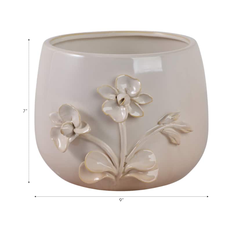 Ceramic Stoneware Planter with Embossed Floral Design and Round Body