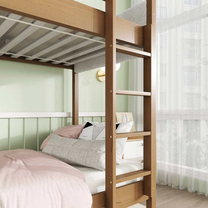 Twin Over Twin Bunk Bed with Upholstered Headboard and Footboard, Ladder, Safety Guardrails, Rubber Wood, Natural