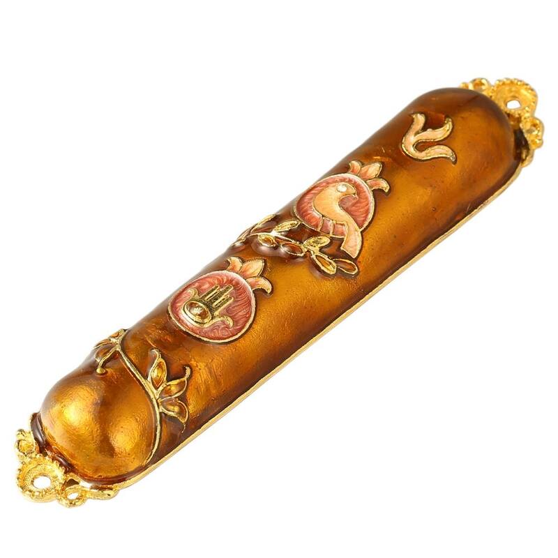 Matashi Hand Painted Enamel Mezuzah Embellished with a Dove and Hamsa Design with Gold Accents and High Quality Crystals