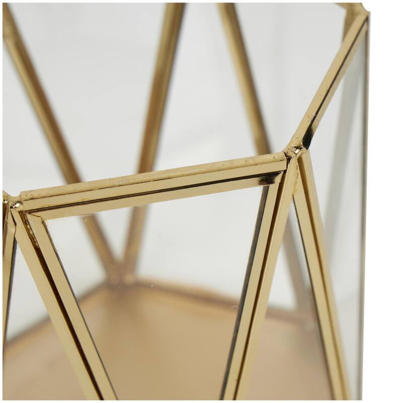 Metal Geometric Triangle Patterned Hexagon Indoor Outdoor Candle Lantern - Set of 3 Gold - CosmoLiving by Cosmopolitan