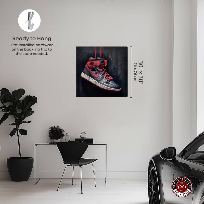 Notoriart Black And Red Hanging Sneaker Gallery Wrapped Sneaker 1 Piece Canvas Wall Art