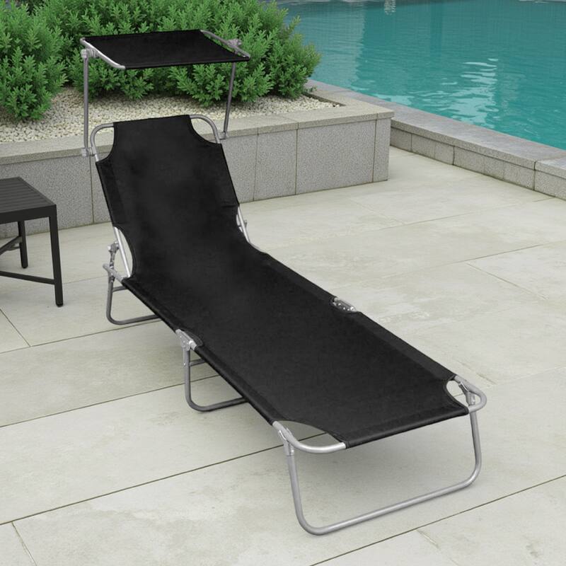 Keli Outdoor Folding Chaise Lounger, Canopy, Black Polyester, 74 Inch