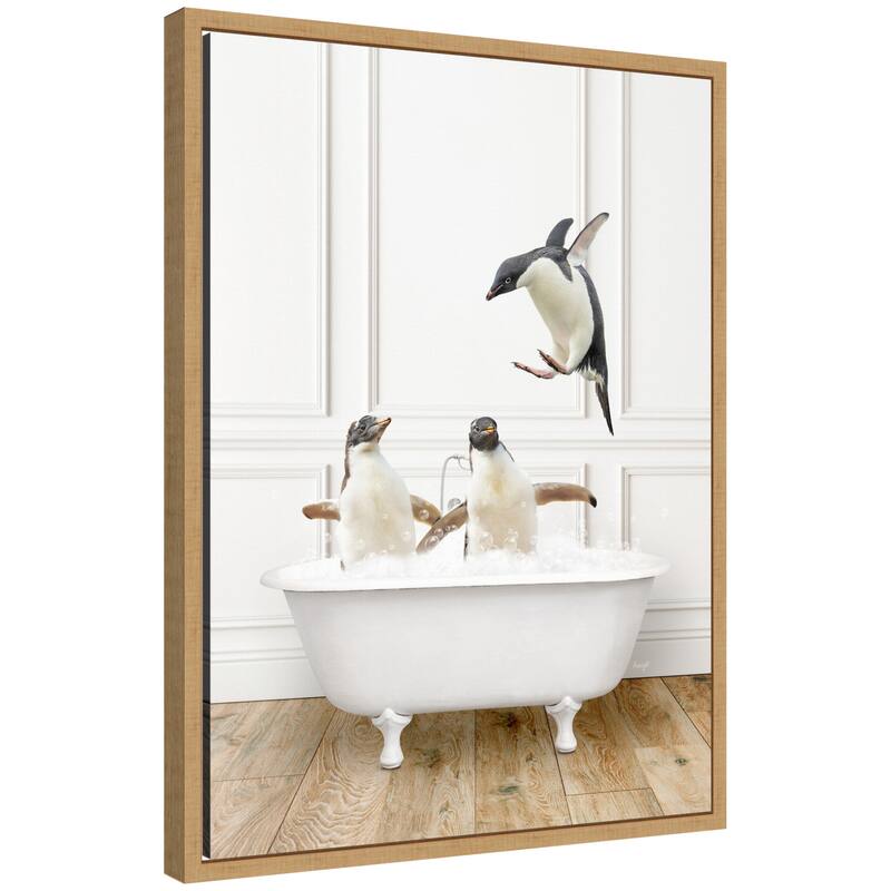 Kate and Laurel Sylvie Penguins in Traditional Vintage Bathtub Framed Canvas by Amy Peterson - Natural