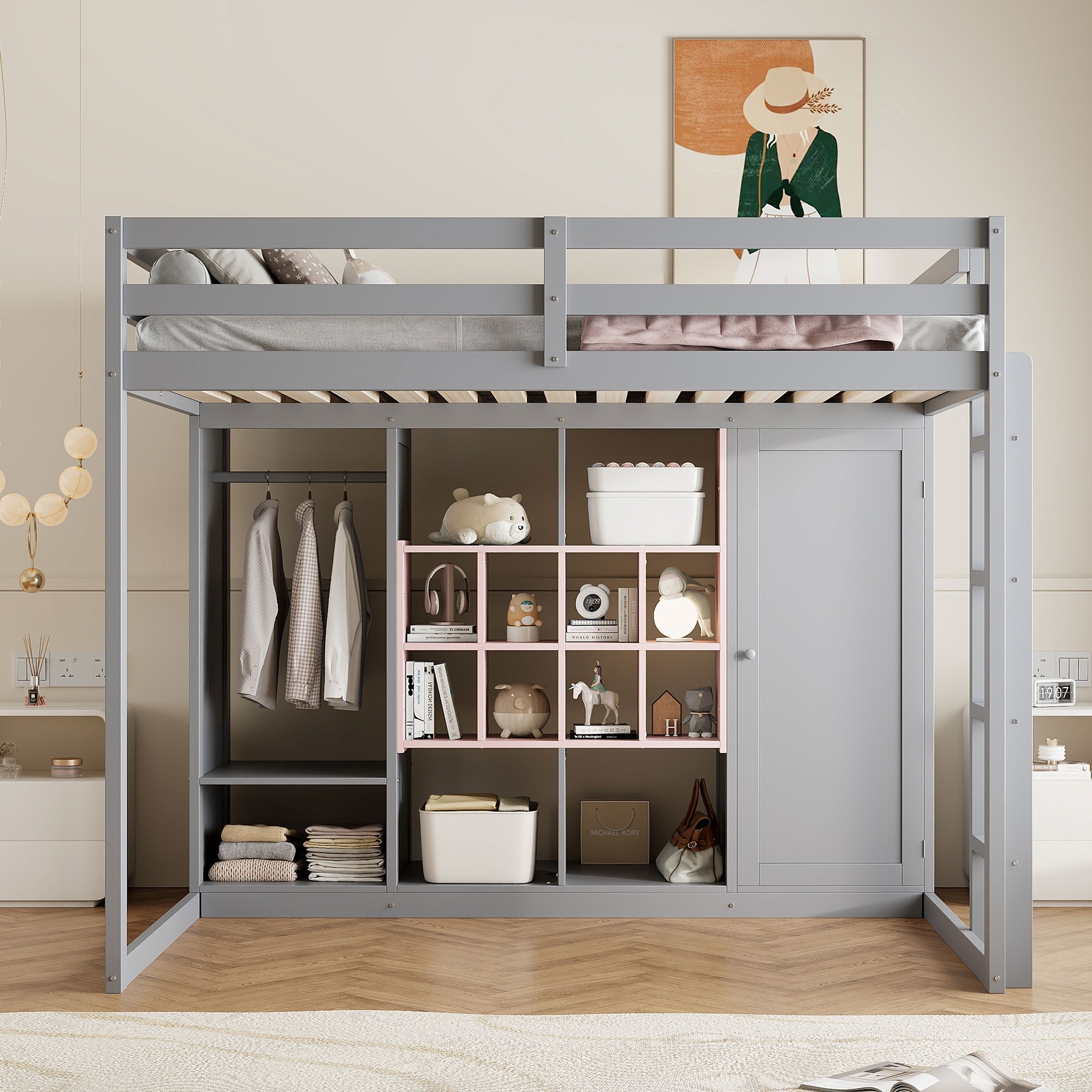 Modern Wood Loft Bed with Integrated Wardrobe, Shelves, and Cabinet by Harper&Bright Designs
