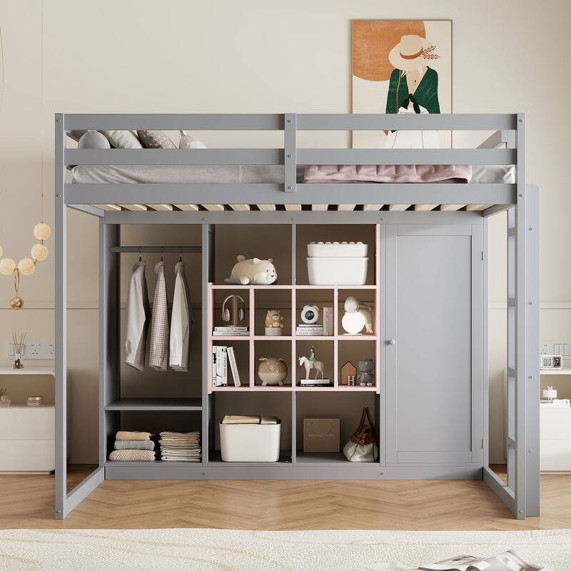 Wooden High Loft Bed with Reversible Ladder, Storage Loftbed Frame with Wardrobe, Shelves and Cabinet, No Box Spring Needed - Pink+Grey - Full