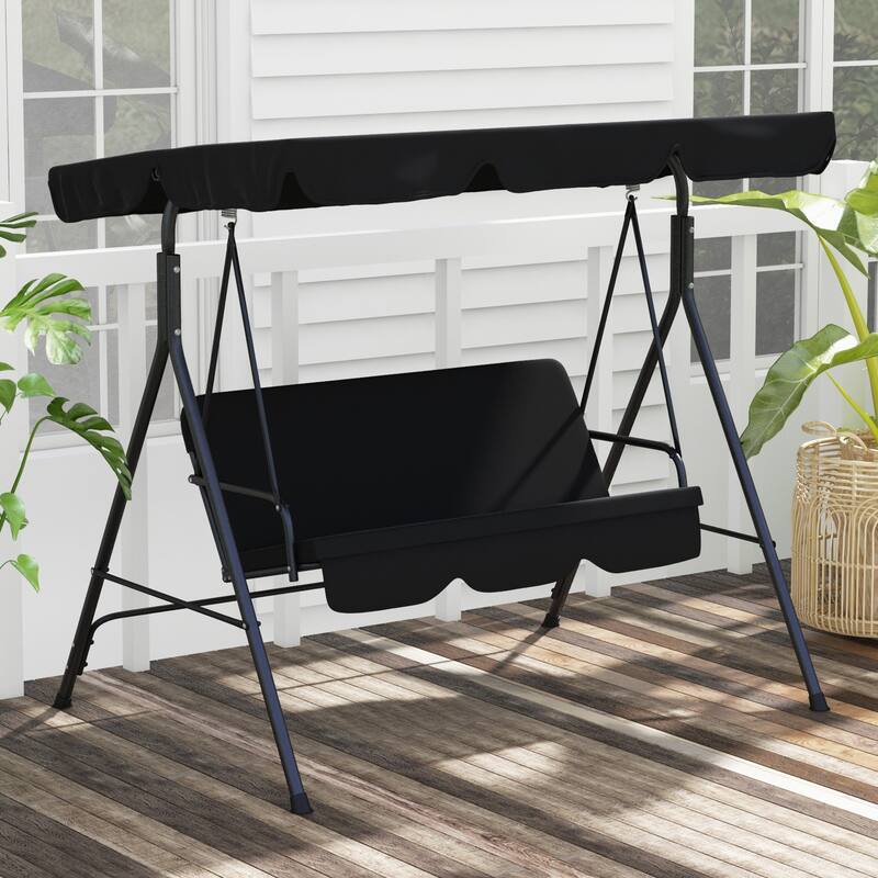 3-Seat Bench Swing Chair with Adjustable Tilt Canopy Steel Swing Hanging Chair Lounge Rocking Chair with Stand for Patio Porch