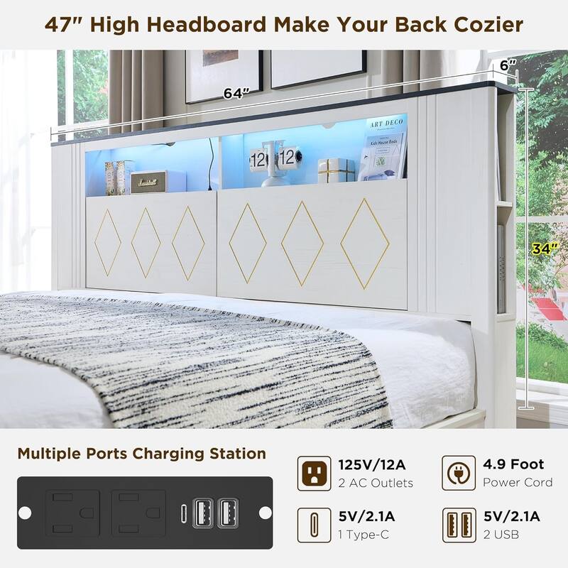 Modern Queen Size Wood Bed Frame with Charging Station and LED Lights