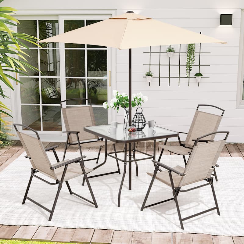 Pellebant 6 Piece Patio Set with Table, Umbrella and 4 Folding Chairs - 22.4"Wx26.8"Dx34.4"H
