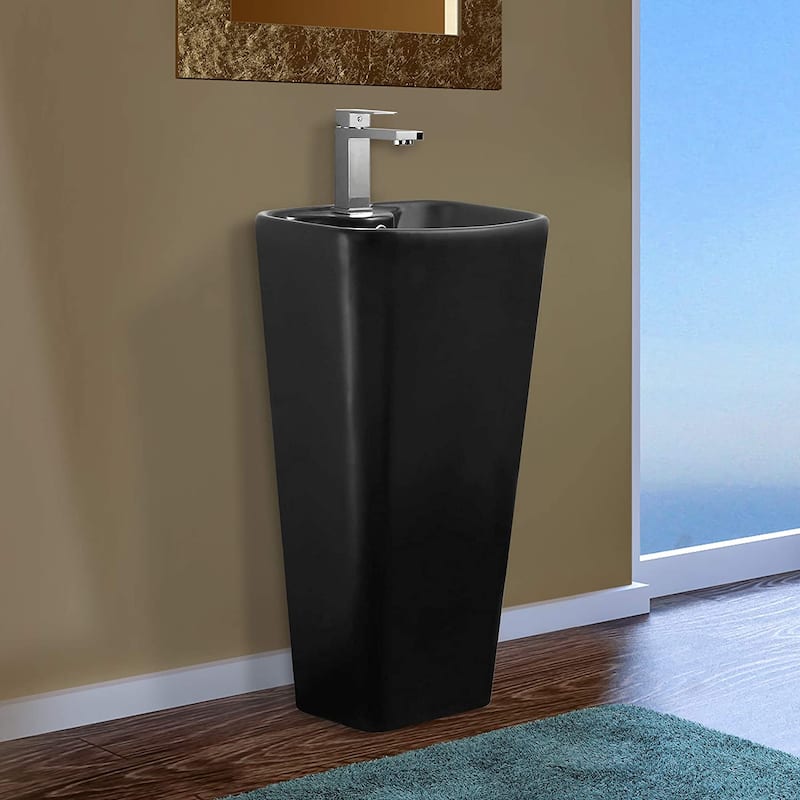 Fine Fixtures Plainfield Pedestal, Elegant One Piece Pedestal Sink, Center Faucet Hole, Vitreous China, White - Black