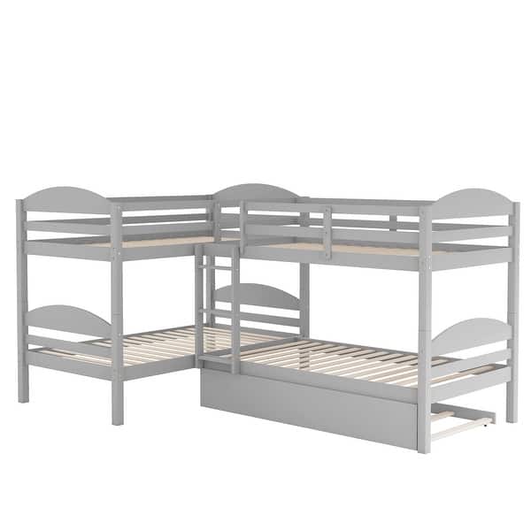 slide 2 of 8, Twin Over Twin L-shaped Triple Bunk Bed with Trundle Bed & Ladder Gray - Twin