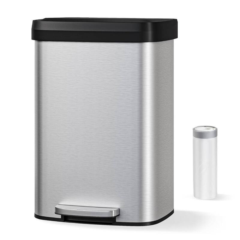13 Gal Step-on Stainless Steel Trash Can with Soft-Close Lid for Home, Kitchen, Office - Silver