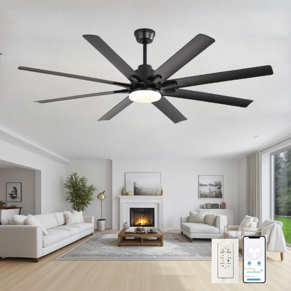 52/66/72/84 Inch Smart Ceiling Fan with Light ,Wall Switch, APP Control,Dimmable LED,8 Blades