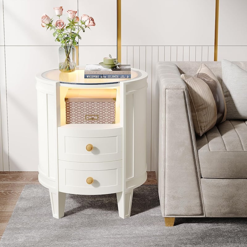 Oval White Nightstand Bedside Table with 2 Drawers and Light