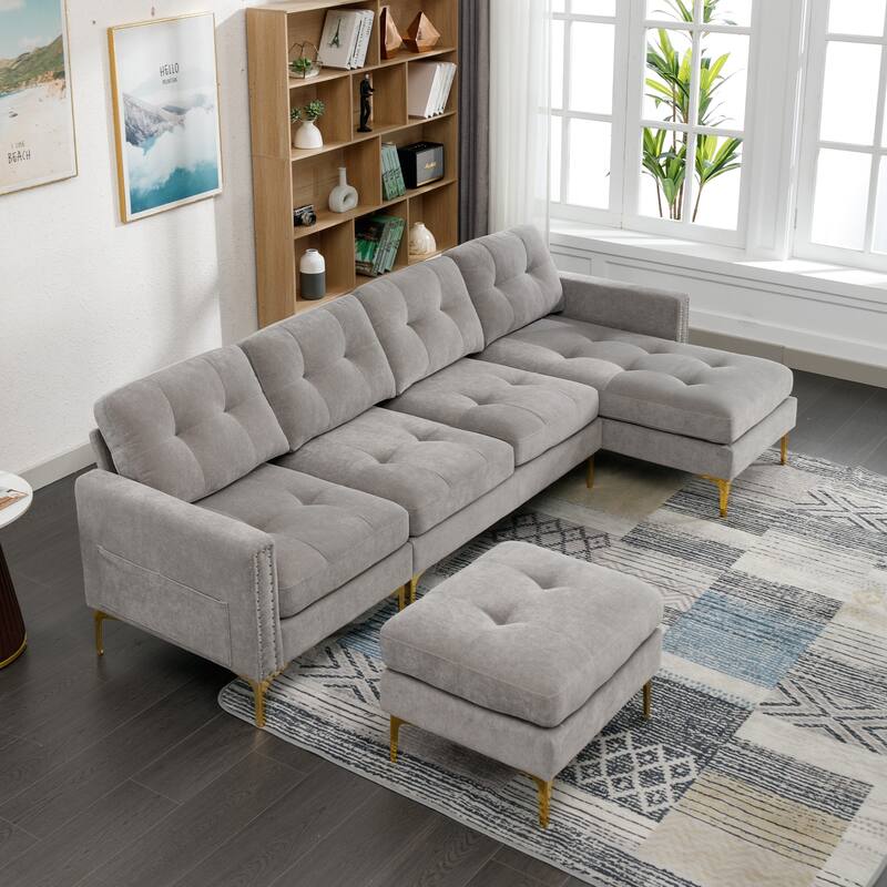 110.6" Velvet L-Shaped Sectional Sofa with Ottoman