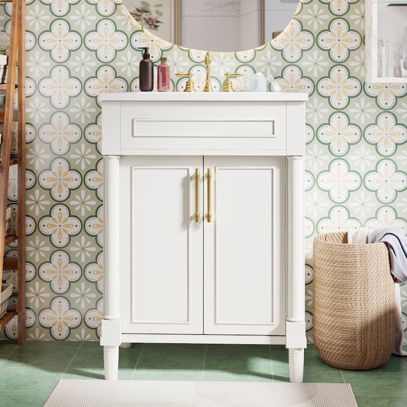 Elegant Bathroom Vanity Freestanding Storage Cabinet with Sink, 2 Doors, Gold Handles and Adjustable Interior Shelf