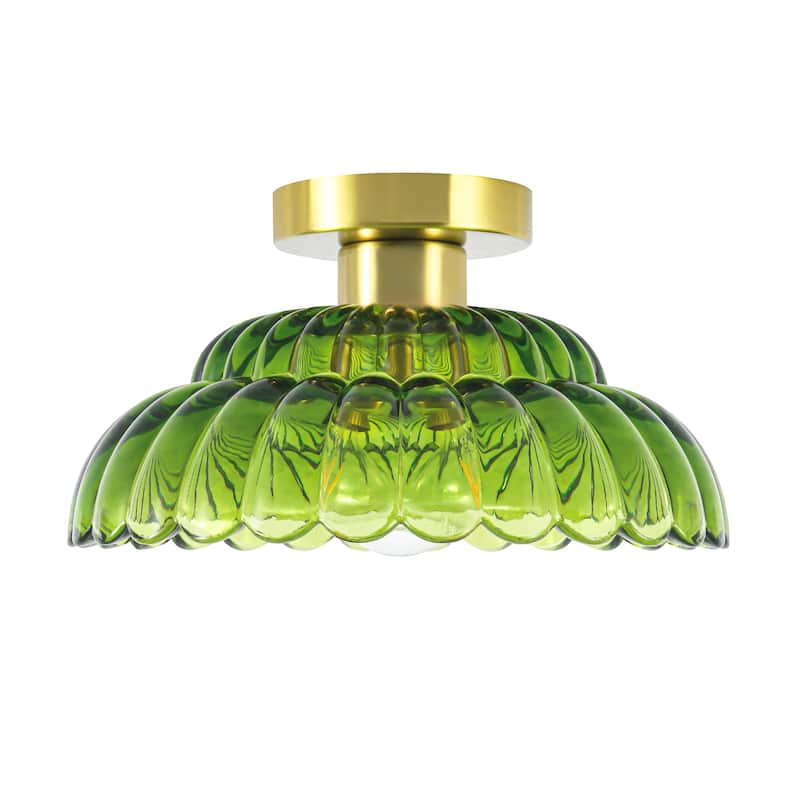 1-Light Vintage Brass Finish Metal Semi-Flush Mount Ceiling Light with Amber/Green/Grey/Clear Glass Shade for Kitchen, Hallway