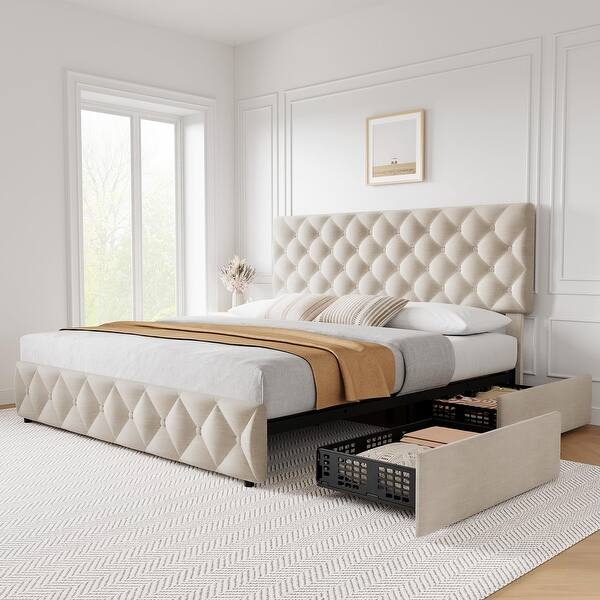 Linen Upholstered Platform Bed Frame Diamond Stitched Button Tufted