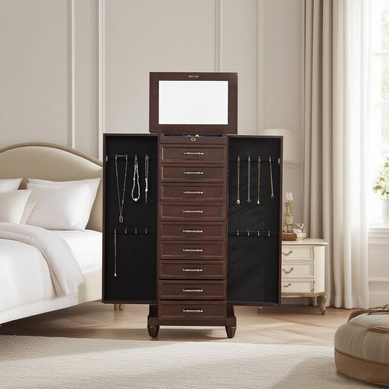 Tall Standing Jewelry Armoire with Mirror,Lockable Wooden Jewelry Cabinet with 9 drawers and side door,