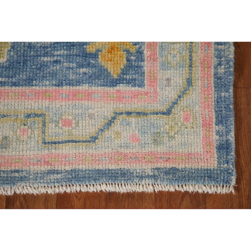 Vegetable Dye Blue Oushak Turkish Runner Rug Handmade Wool Carpet - 2'10"x 12'11"