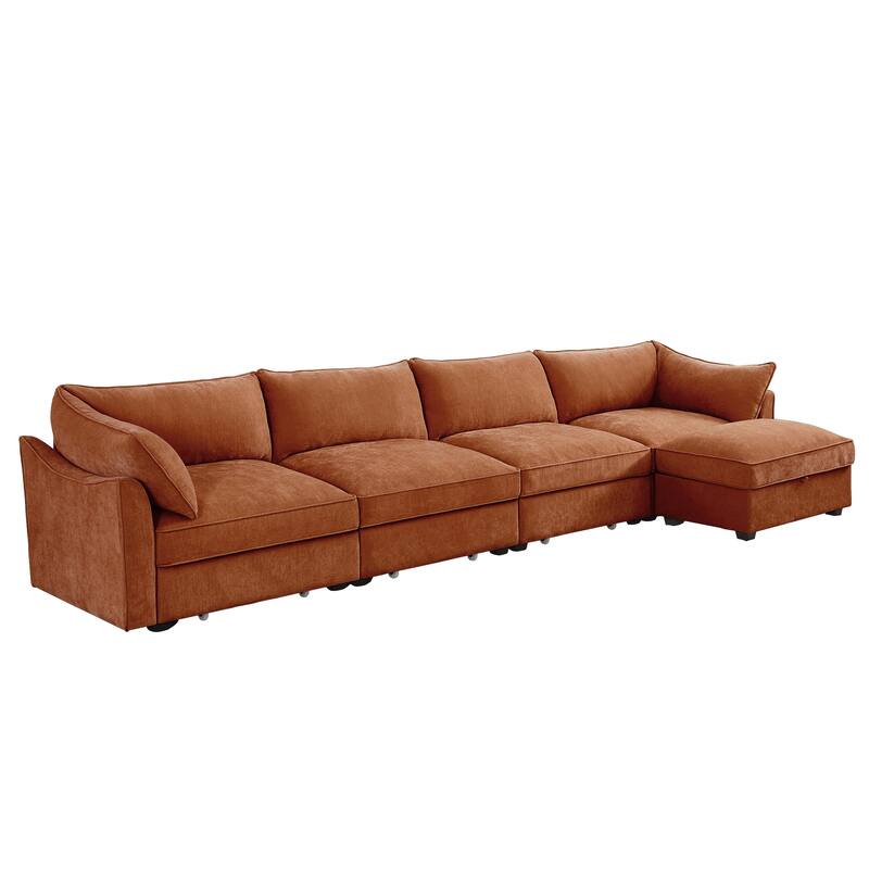 L-Shaped 4-Deep Seater Sectional Sofa Couch with 1 Movable Storage Ottoman & Pull out Drawers Under Each Seat