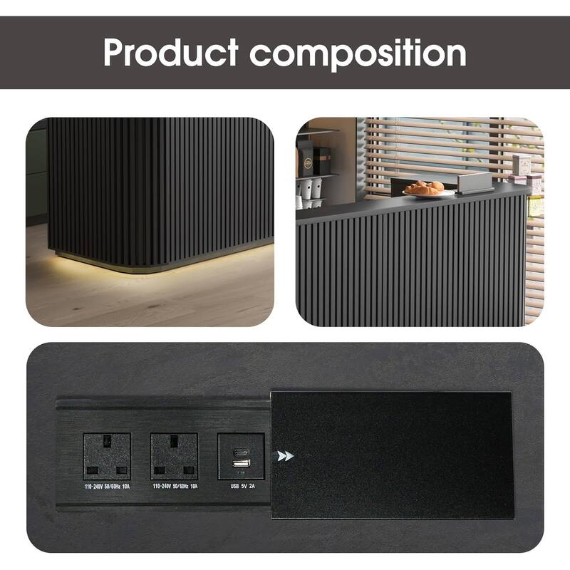 WESOME 70.87in Black Mid Century Curved Reception Desk with Outlet Cable Box LED Light