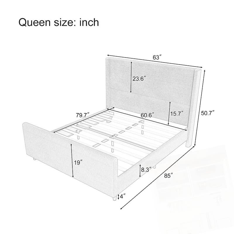 50.7'' High Headboard Corduroy Upholstered Bed Frame