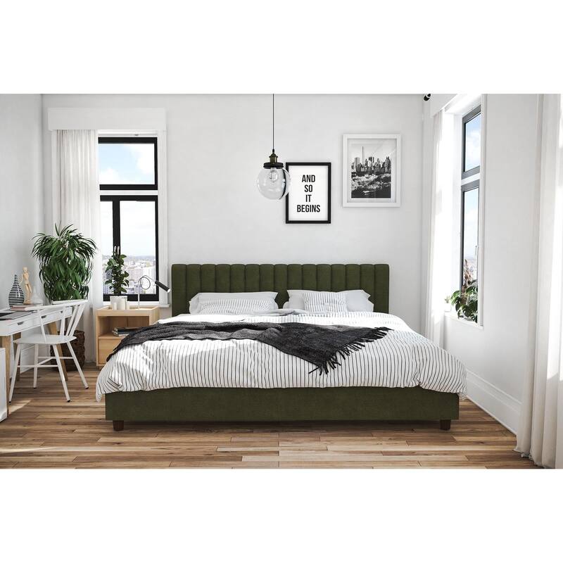 Roomfitters Brittany King Size Upholstered Bed Frame with Ribbed Tufted Headboard, Linen Fabric, Green