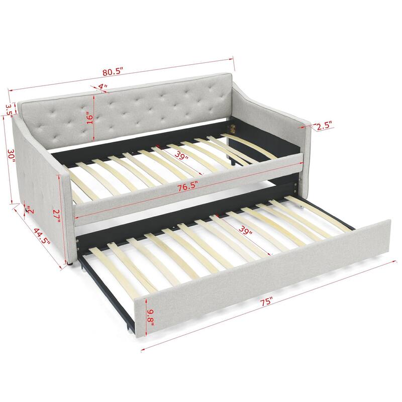 Roomfitters Twin Upholstered Daybed with Twin Trundle, Tufted Backrest and Elegant Waved Arms