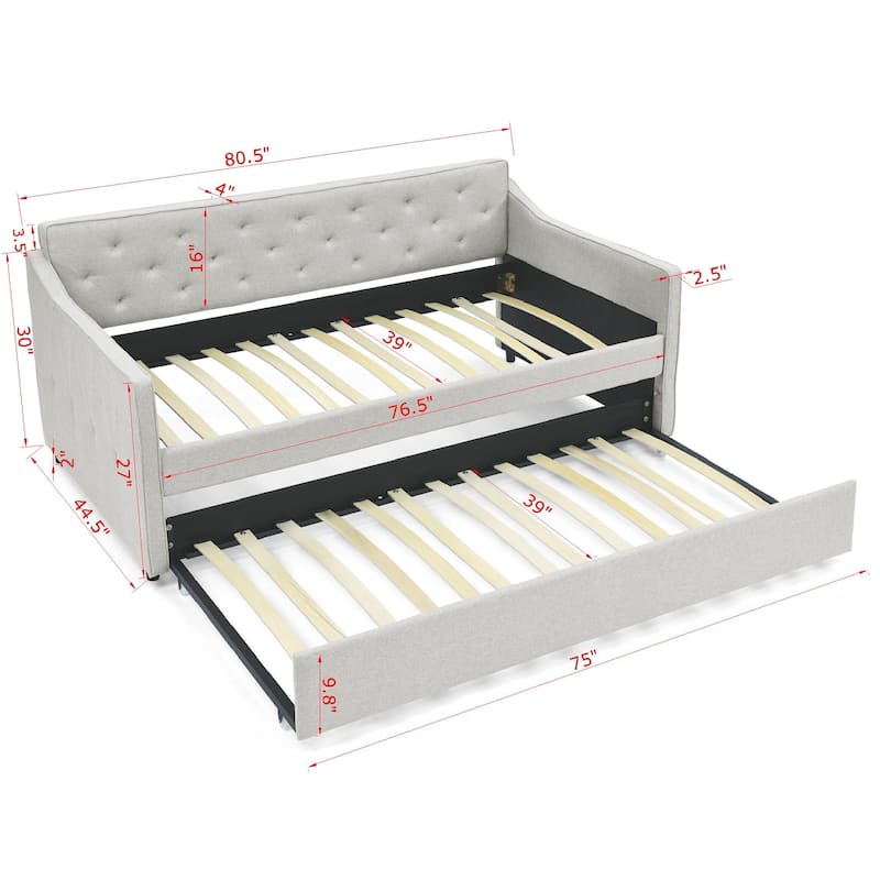Twin Size Daybed with Twin Size Trundle Upholstered Tufted Sofa Bed, Waved Shape Arms, Grey (80.5"x44.5"x33.5")
