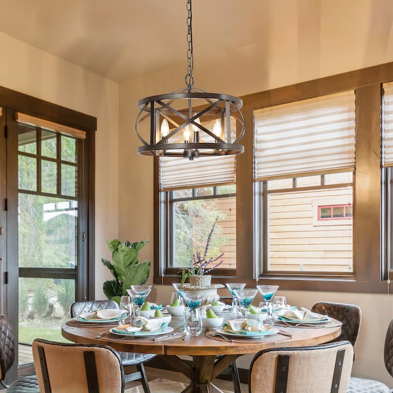 Modern Farmhouse 4-Light Drum Chandelier Wood Grain Lights for Dining Room - D15.5" x H76"