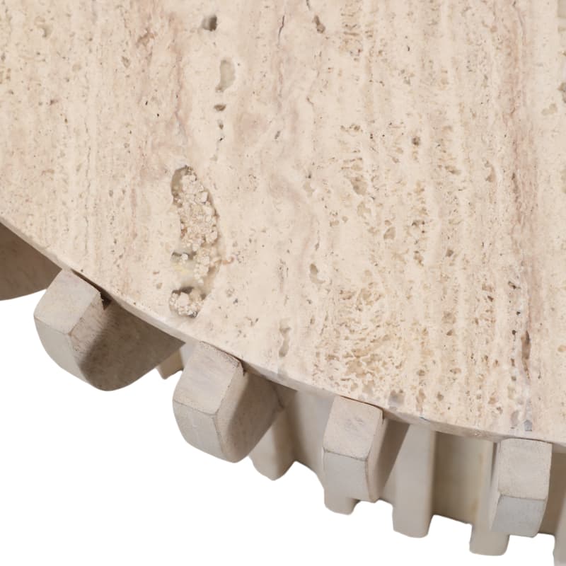 Decorative Travertine Accent Table with Wodden Carved Base- 25", White