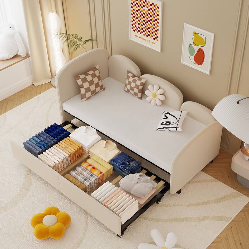 Flower-Shaped Velvet Upholstered Twin Daybed with Storage Drawer, Soft and Stylish Crib Bed - Beige - Twin