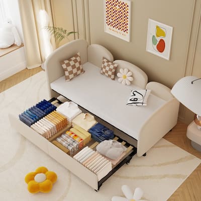 Twin Size Velvet Upholstered Daybed with Storage and Flower-Shaped Kids Bed Frame