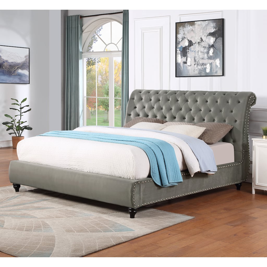 Roundhill Furniture Cerderia Velvet Upholstered Button Tufted Nailhead Trim Sleigh Bed, Gray