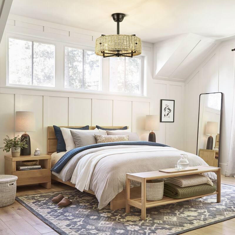 4-Light Traditional Boho Cylinder Drum Woven Rattan and Bamboo Ceiling Fan - 19.3 in. W x 8.3 in. H