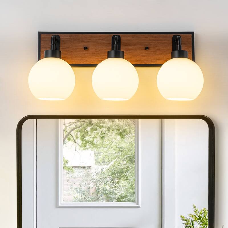 Wood Bathroom Vanity Light Fixture with Milk White Glass