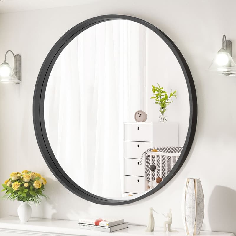 Classic Wooden Frame Farmhouse Round Wall Mirror