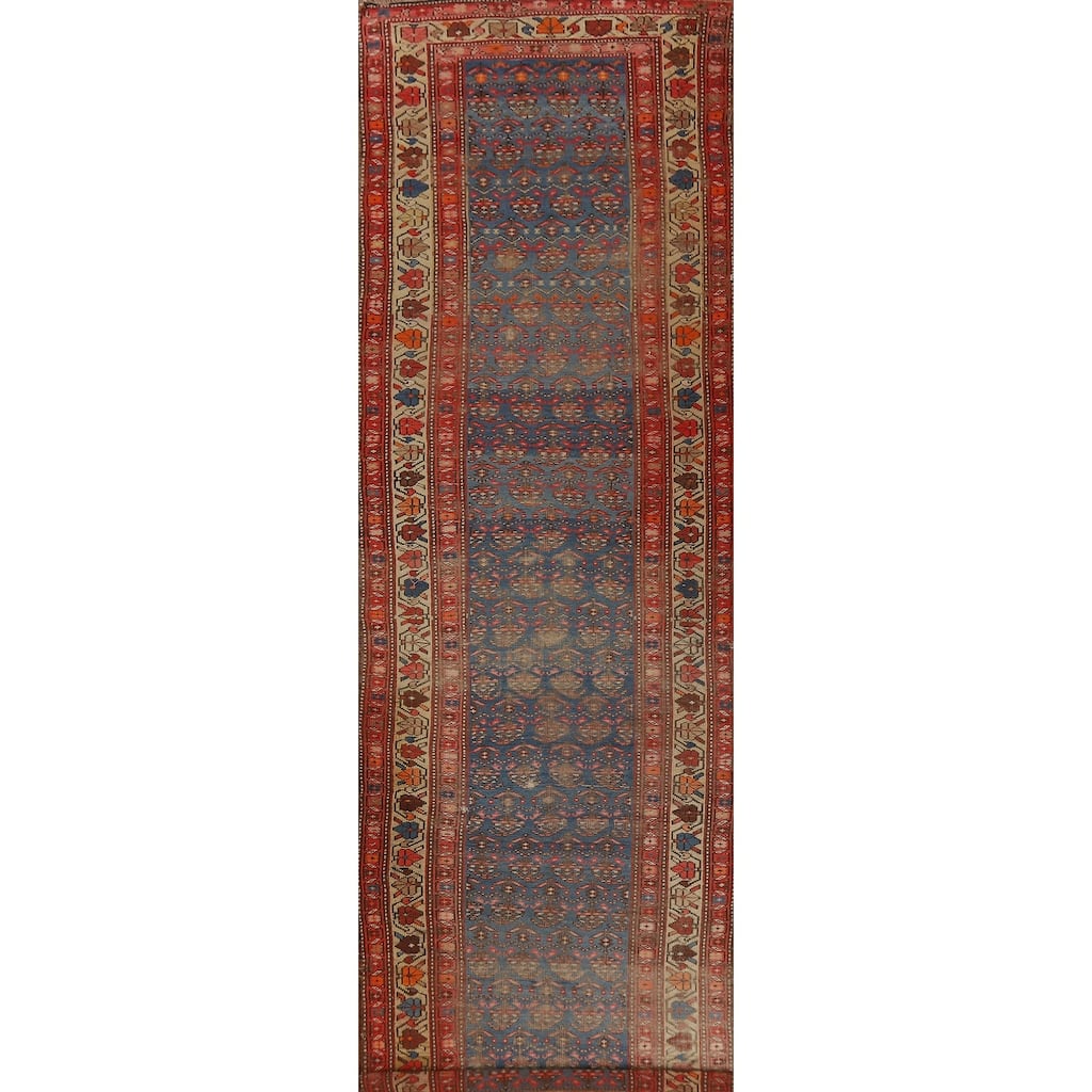 Hand Knotted Oriental 100% Wool Carpet Traditional Geometric Navy Blue & Blues Heriz Runner Rug - 15' 0'' X 3' 6''