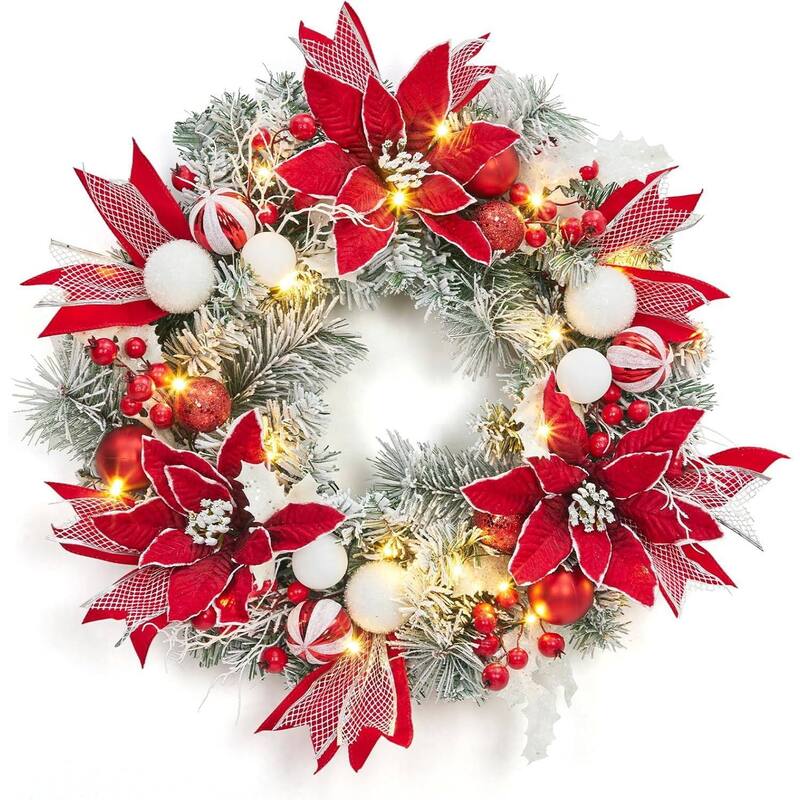 24 Inch PVC Christmas Wreath, Pinewood Red and White Garland for Front Door, Fireplace - N/A - Red