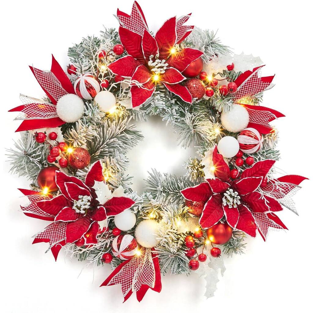24 Inch PVC Christmas Wreath, Pinewood Red and White Garland for Front Door, Fireplace - N/A