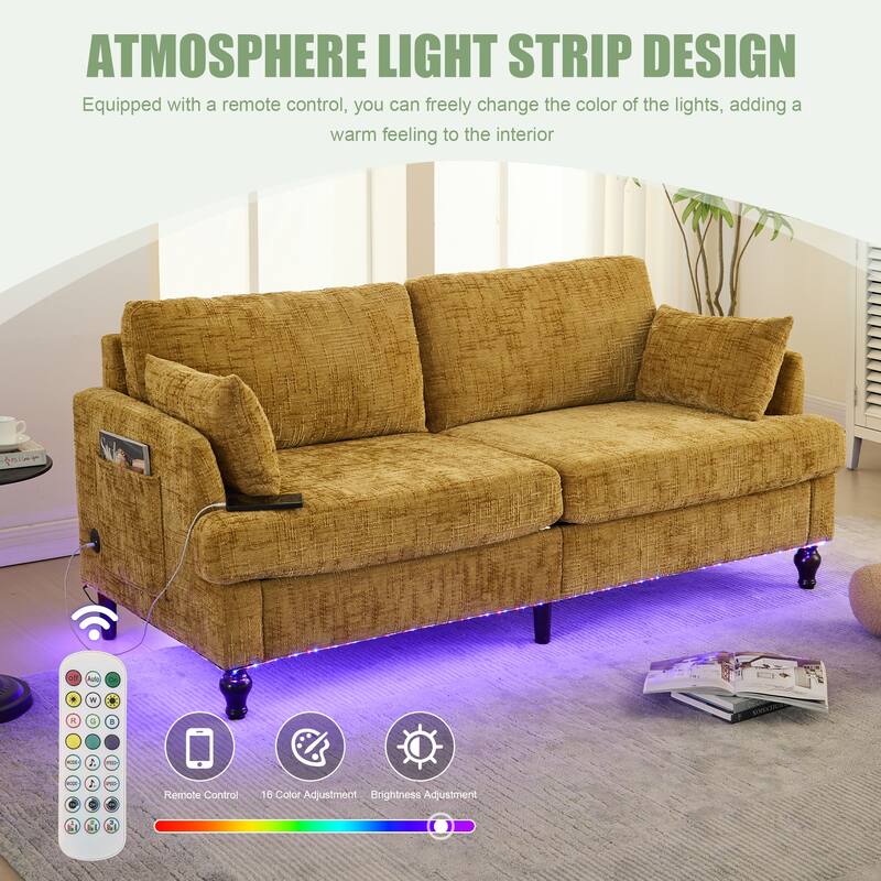Mustard Yellow Multifunctional Sofa Couch Loveseat with Lights & Side Pocket, 2-Seater Sofa Couch with Charging Port