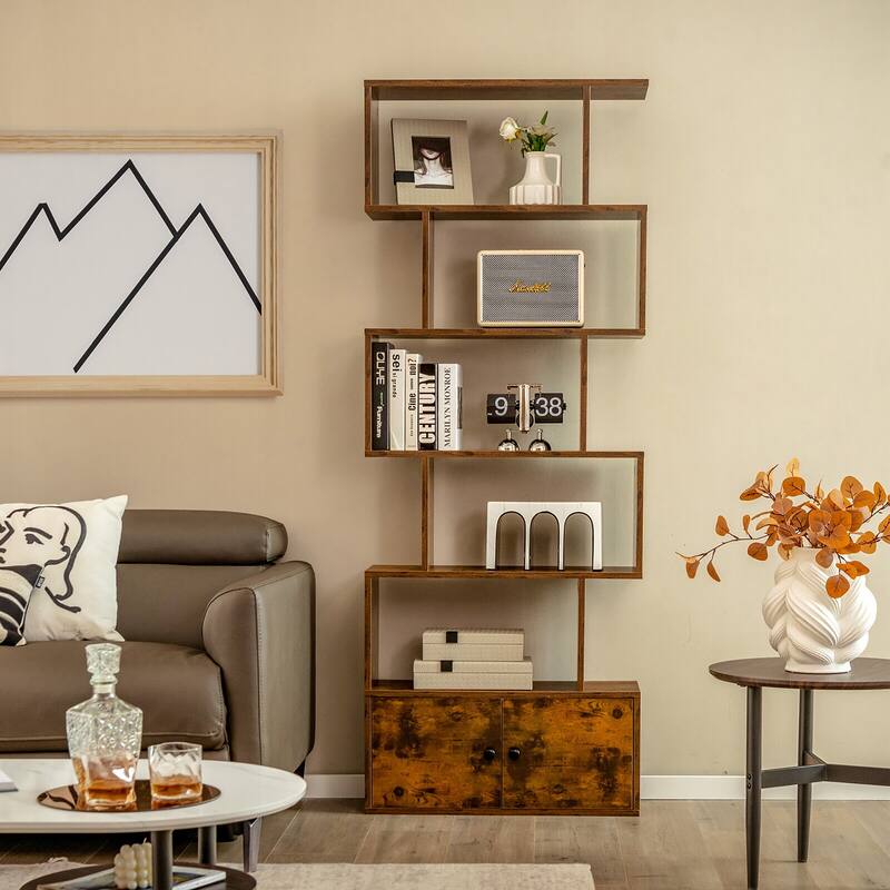 Gymax 2 PCS Bookshelf w/ Cabinet 6-Tier S-Shaped Bookcase Storage Rack