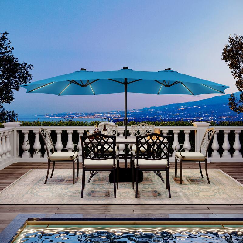 15 Ft Outdoor Solar Detachable Lights Rectangular Crank Market Umbrella with Base