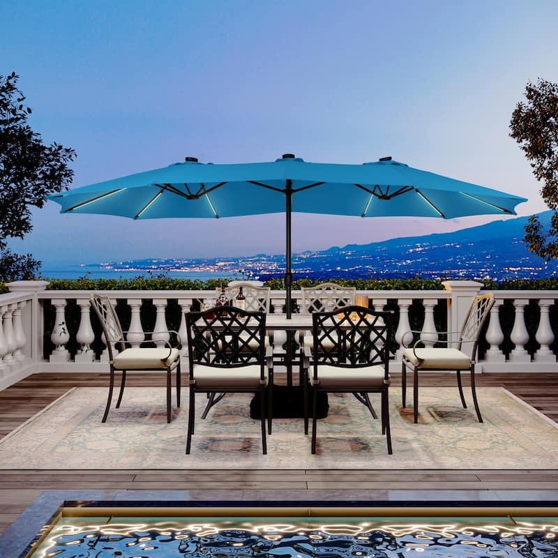 Clihome 15Ft Outdoor Solar Lights Rectangular Crank Market Umbrella, with Base