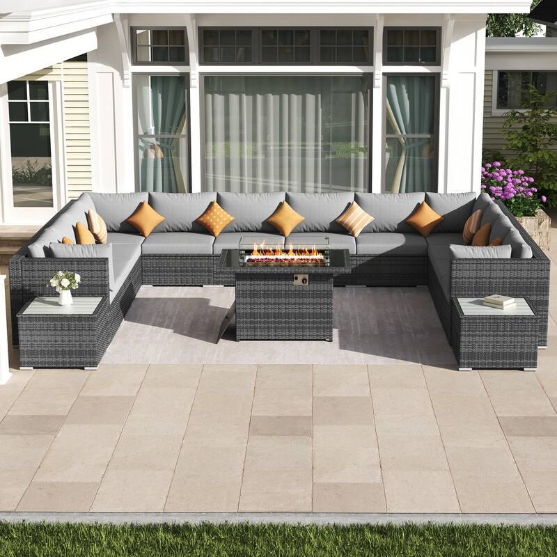 FINCATI 15-Piece Grey Wicker Patio Conversation Set with 43" Fire Pit