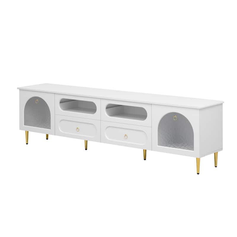 Arched Glass Doors TV Cabinet with Drawers & Wire Hole, Living Room TV Stand Media Console Cabinet for Up to 85" TVs