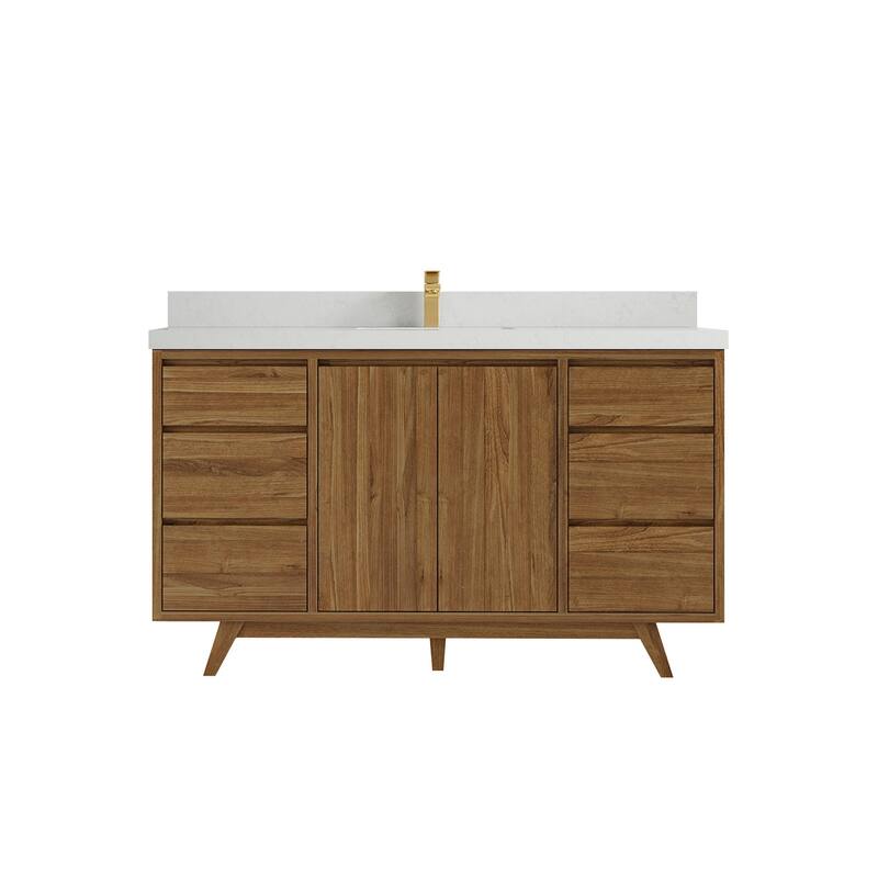 Willow Collections 60 in. W x 22 in. D Madison Teak Single Sink Bathroom Vanity with Countertop - 2" Carrara Quartz - Golden Teak