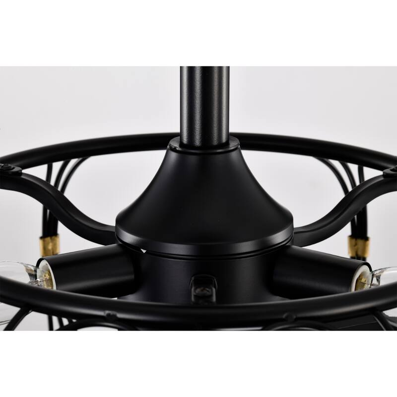 Eoin Black with Gold Accents Caged Lighted Ceiling Fan Fandelier 7-Blade Remote Control - Black-Gold